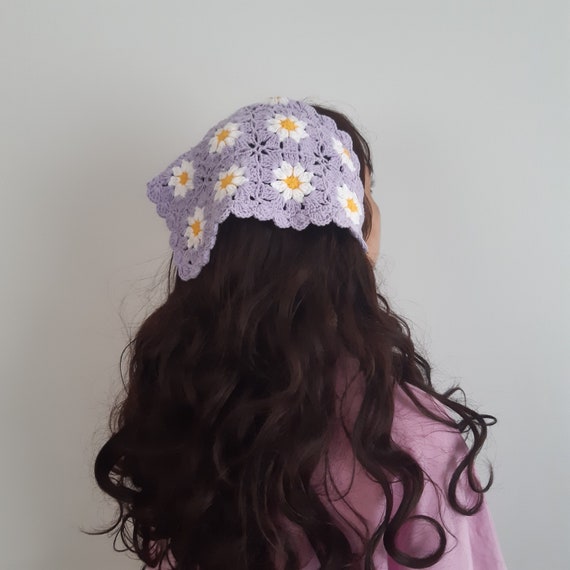 Lilac Crochet Daisy Hair Scarf: Cotton Handmade Bandana, Cottage Core