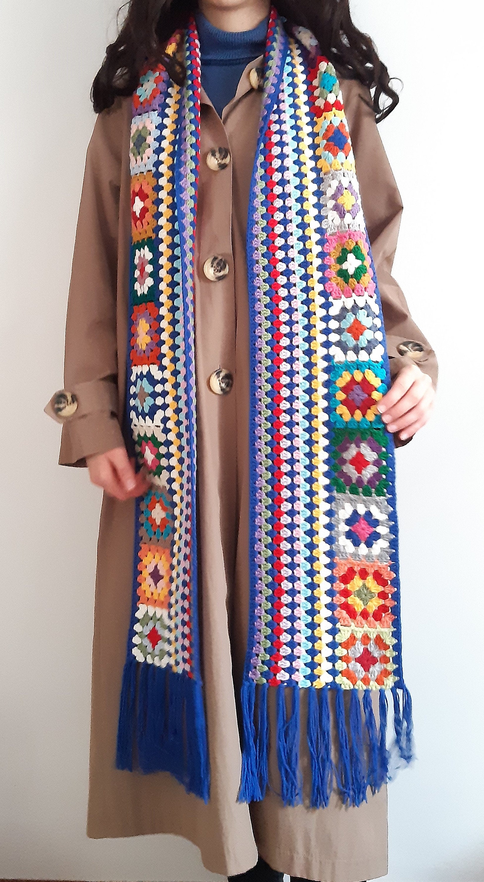 Granny Square Scarf Crochet Retro Scarf Navy Blue Scarf Etsy