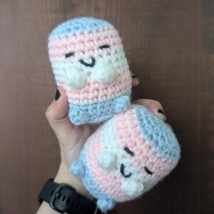 Può includere: Due figure fatte a mano all'uncinetto nei colori della bandiera transgender: azzurro, rosa e bianco. Ogni figura ha un volto sorridente con occhi e bocca cuciti in nero. Le figure sono piccole e cilindriche, con piccole appendici blu.