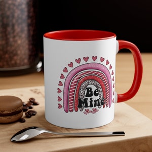 Valentine Be Mine Coffee Mug, Rainbow Heart Cup Gift For Her, All I Need Is Love, Happy Valentines Day, Pink Leopard Striped Rainbow Hearts
