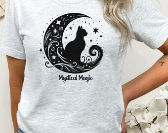 Cool Mystical Magic Cat Shirt, Cat Lover Shirt, Cat Mom Shirt, Pet Mama Gift, Cat Lover Gift, Retro  Cat on Moon Shirt, Cat Dad Gift Shirt