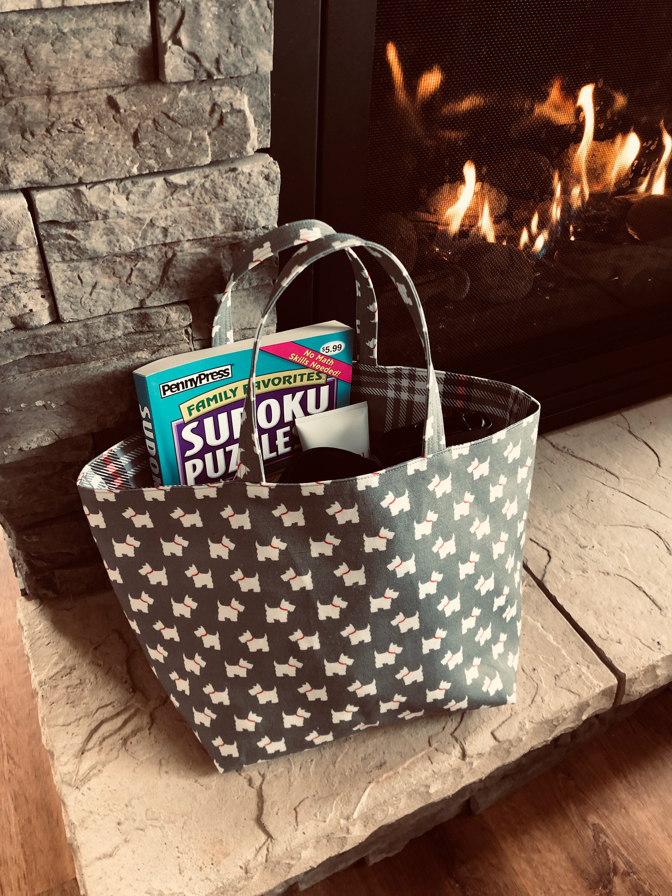 Chubby Tote Bag, Medium Size, Scotty Dogs, Linen Cotten Canvas