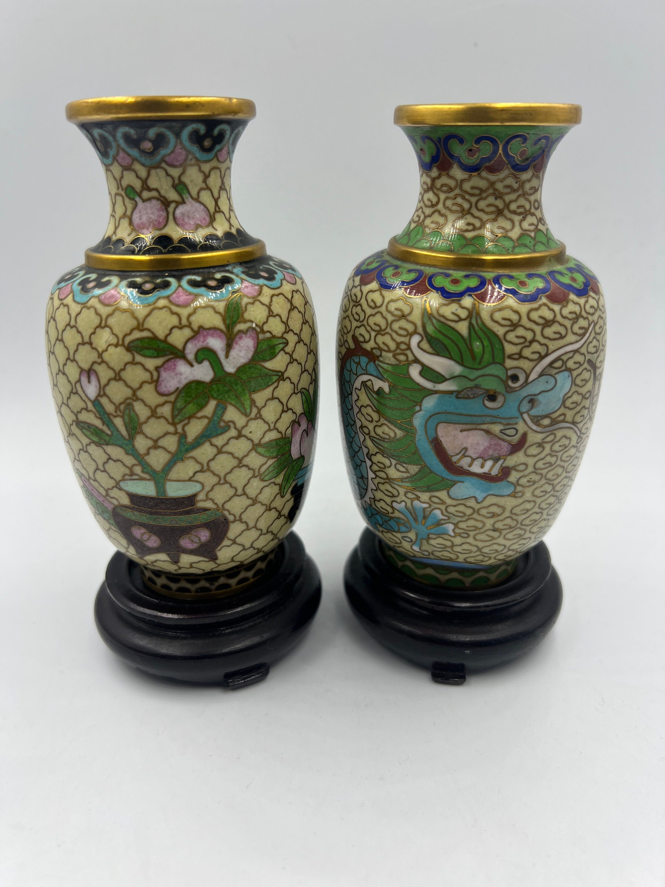 Pair of Vintage Chinese Cloisonne Dragon/lotus Vases Carved Etsy