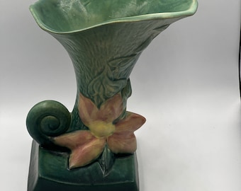 Vintage Roseville Pottery Clematis Cornucopia Vase 191-8 Blue-Green 1940s