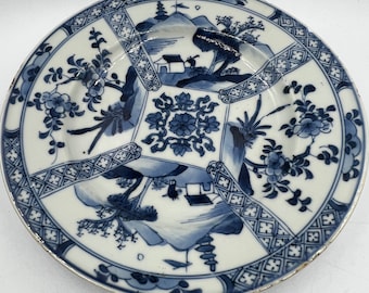 Vintage Kangxi Blue & White Porcelain Plate from 1710-1720