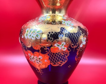 Genuine Venetian Cobalt Blue Glass & Gold Colored Vase, Italy
