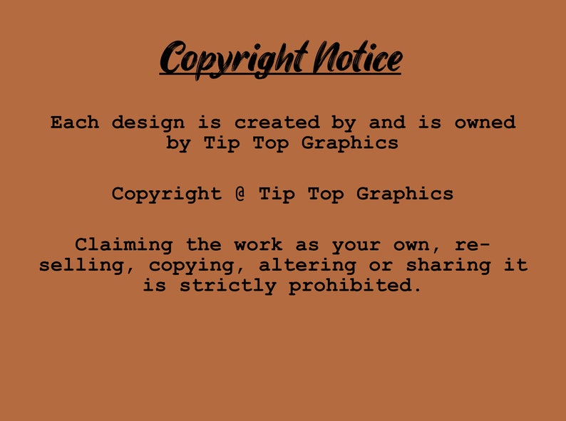 Puede incluir: Un fondo marr&oacute;n con las palabras "Copyright Notice" en fuente cursiva. El texto de abajo indica que cada dise&ntilde;o es creado y propiedad de Tip Top Graphics, con informaci&oacute;n de derechos de autor y una prohibici&oacute;n de uso no autorizado.