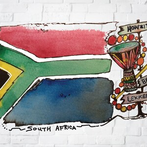 Puede incluir: Ilustraci&oacute;n en acuarela de la bandera de Sud&aacute;frica con un tambor, una bocina y letreros que dicen "Howzit", "Braai" y "Lekker". Las palabras "South Africa" est&aacute;n escritas debajo sobre un fondo de ladrillos blancos.