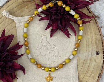 May include: A yellow, gold, and white beaded dog collar with a gold maple leaf charm. The collar is on a white fabric bag with the text "Izzy Jane Petle" printed on it.