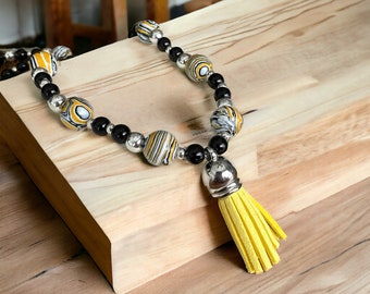 Yellow striped agate and onyx tassel necklace