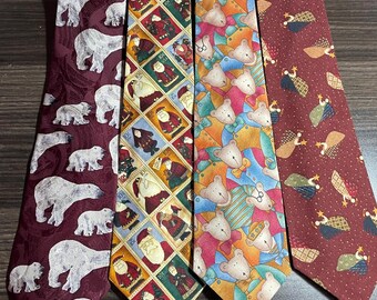 Corbatas de seda vintage y corbatas de algodón de doble cara; Osos polares, escuela, ositos de peluche, ángeles, Papá Noel