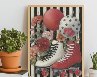 Estampado retro de patines, arte floral de los años 70 (descarga digital)