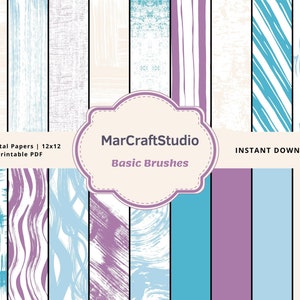 Può includere: Una collezione di 18 carte digitali con vari motivi a pennellate nei toni del blu, viola e crema. Le carte misurano 30,48 x 30,48 cm e sono stampabili in formato PDF. L'immagine include il testo "MarCraftStudio Basic Brushes" e "Instant Download".