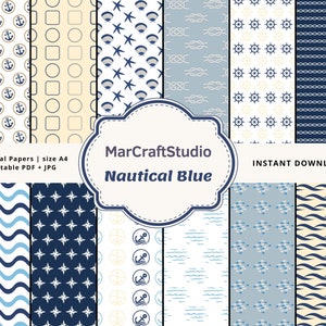 Puede incluir: Doce papeles digitales con temática náutica en colores azul, blanco y amarillo. Los papeles presentan varios patrones, incluyendo anclas, estrellas, olas y nudos marineros. El texto "MarCraftStudio Nautical Blue" está en el centro de la imagen. El texto "12 Digital Papers | size A4 Printable PDF + JPG" está en la esquina superior izquierda. El texto "INSTANT DOWNLOAD" está en la esquina superior derecha.