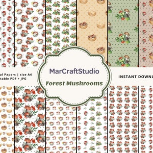 May include: Twelve digital papers featuring a variety of forest mushroom illustrations. The papers include patterns of mushrooms, baskets of mushrooms, and mushrooms with berries. The papers are in a variety of colors, including red, green, brown, and white. The text "MarCraftStudio Forest Mushrooms" is in the center of the image.