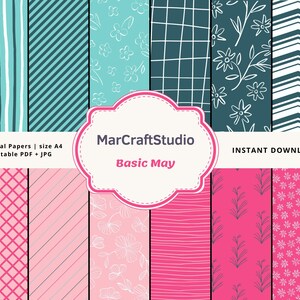 May include: Twelve digital papers in A4 size, printable in PDF and JPG formats. The papers feature a variety of patterns, including stripes, polka dots, floral designs, and geometric shapes. The colors are pink, blue, and white.
