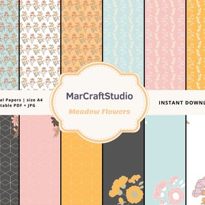 Pode incluir: Doze papéis digitais com padrões florais em várias cores, incluindo azul, rosa, amarelo e laranja. Os papéis são etiquetados como "Meadow Flowers" e estão disponíveis para download instantâneo.