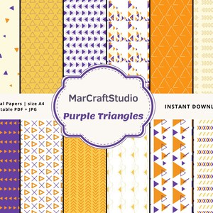 Pode incluir: Doze papéis digitais com padrões geométricos que apresentam triângulos roxos sobre um fundo amarelo. Os papéis são do tamanho A4 e podem ser impressos em formato PDF e JPG. O texto "MarCraftStudio Purple Triangles" está em uma faixa roxa.