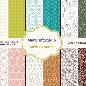 Könnte beinhalten: Zwölf digitale Papiere mit Wirbelmustern in verschiedenen Farben, darunter Grün, Blau, Braun und Weiß. Die Papiere sind für den Druck im A4-Format konzipiert und als PDF- und JPG-Dateien verfügbar. Der Text "MarCraftStudio Swirl Patterns" wird auf dem Bild angezeigt.