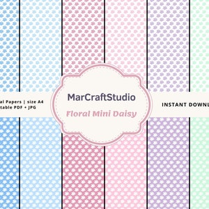 May include: Twelve digital papers featuring a floral mini daisy pattern in a range of colours, including blue, pink, purple, and green. The papers are A4 size and printable in PDF and JPG formats. The text "MarCraftStudio" and "Floral Mini Daisy" is displayed on the image.
