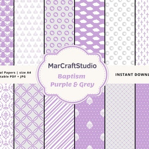 Puede incluir: Doce papeles digitales en morado y gris con varios patrones, incluyendo cruces, nubes, huellas y diseños geométricos. Los papeles están diseñados para impresión A4 y están disponibles en formato PDF y JPG. El texto "MarCraftStudio Baptism Purple & Grey" se muestra en la imagen.