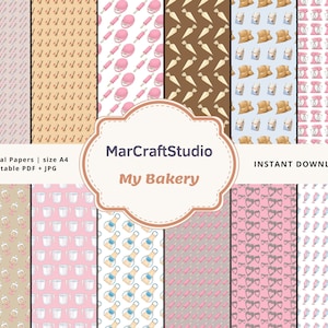 Digitale Papiere | Meine Bäckerei | A4-Größe | Sofortiger Download | JPG-Dateien | Druckbares PDF | Scrapbook-Papiere | Backmuster | Küche | Kuchen