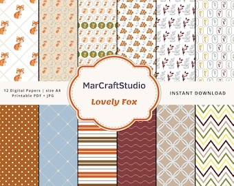 May include: Twelve digital papers featuring a variety of patterns, including a fox, polka dots, stripes, and geometric designs. The papers are in a light blue, brown, red, and white colour scheme. The text "MarCraftStudio Lovely Fox" is in a white oval with a brown border.