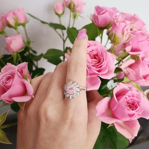 Lab Created Pink Diamond Jewelry-Round Pink Diamond Alternative Simulated Halo Engagement Adjustable Ring Gift Platinum Plated 925 Silver