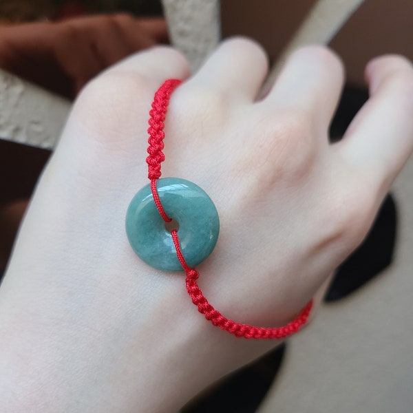 Natural Burmese Jade Jewelry-Simple Minimalist Lucky Natural Dark Green Jade Pendant Red String Bracelet Adjustable Perfect Valentines Gift