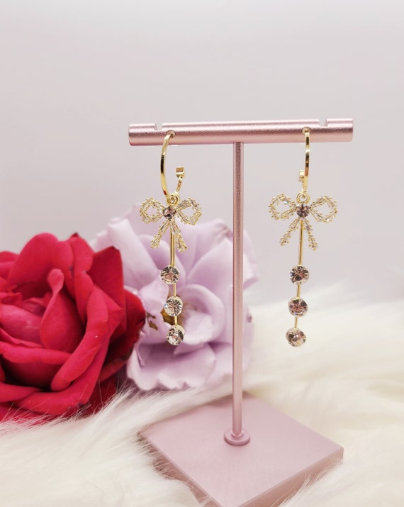 Korean Style Jewelry elegant Ribbon Bow Multi Way Dangle Drop Hoop Earrings Gold Plated 925 Silver Cute High Quality CZ Japanese Earrings Etsy