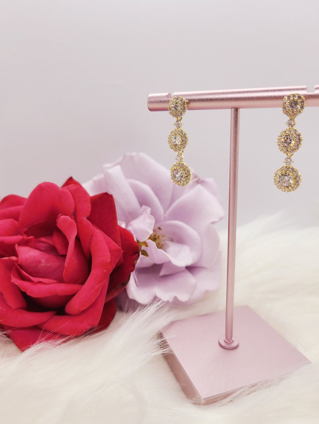 Korean Style Jewelryelegant 3 Stone Dangle Drop Halo Earrings Gold