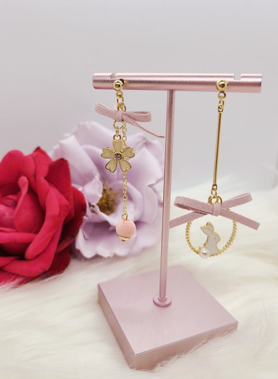 Korean Style Jewelry Simple Cherry Blossom Mismatched Bunny Bow Dangle Drop Earrings Gold Plated 925 Silver Cute Kawaii Japanese Earrings