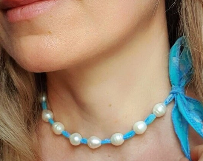 Freshwater Pearl and Silk ribbon Necklace