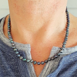 Men&#39;s Pearl Necklace, Hand-knotted Black Pearl Necklace, Freshwater Pearl Necklace, Men&#39;s jewelry