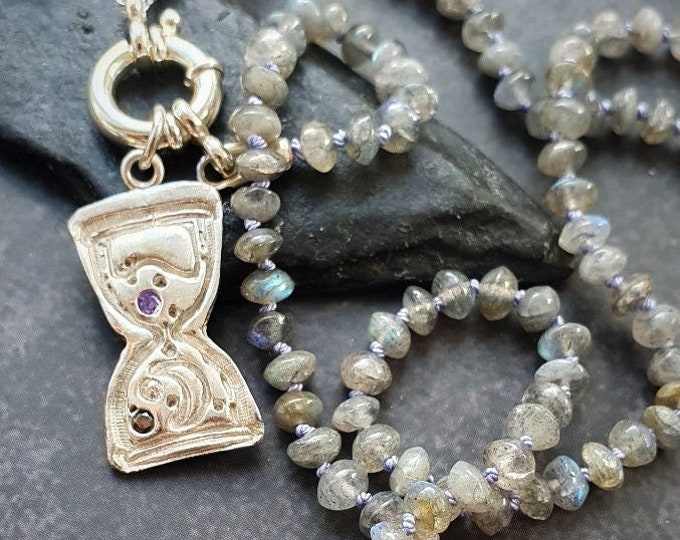 Flashy Labradorite beaded necklace with celestial Hourglass pendant