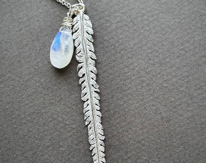 Rainbow Moonstone and Fern pendant necklace