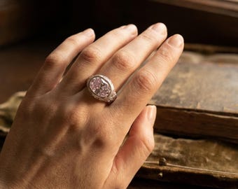 Heavy Signet Ring with Pink Cubic Zirconia