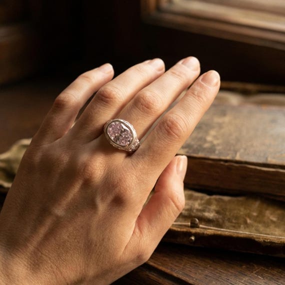 Heavy Signet Ring with Pink Cubic Zirconia
