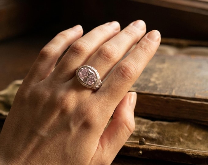 Heavy Signet Ring with Pink Cubic Zirconia