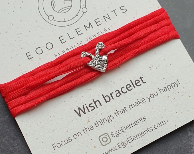 Silver Heart Bracelet with Red Silk Ribbon