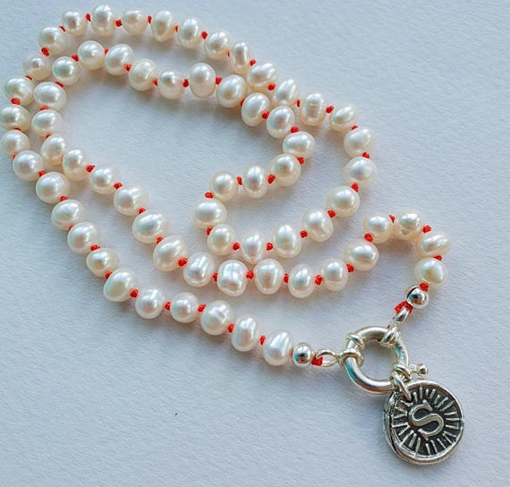 Hand Knotted Pearl Necklace with Initial Pendant