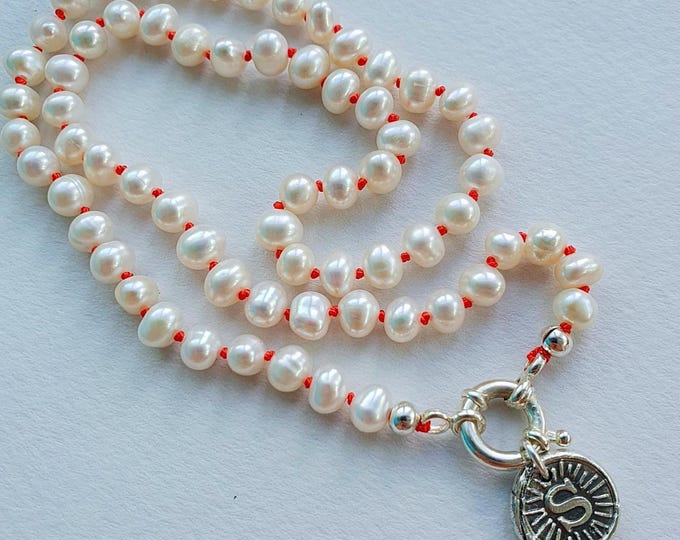 Hand Knotted Pearl Necklace with Initial Pendant