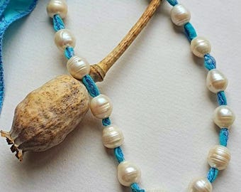 Freshwater Pearl and Silk ribbon Necklace