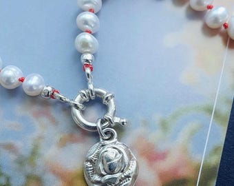 White Pearl Necklace with Rose Pendant