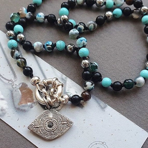 Hand-knotted Onyx and Evil Eye necklace