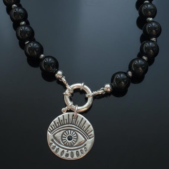 Black Tourmaline Necklace with an Evil Eye Pendant