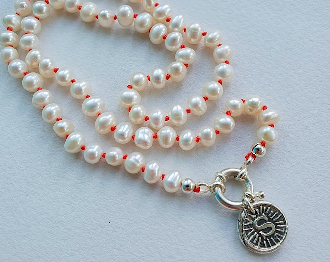 Hand Knotted Pearl Necklace with Initial Pendant