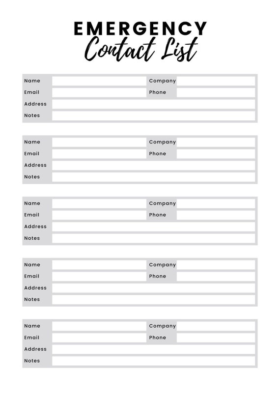 Emergency Contact List Home Management Sitters Vacation Etsy