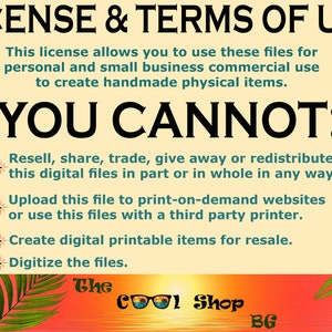 Peut inclure: Une pancarte jaune et blanche avec le texte "LICENSE & TERMS OF USE" en noir. La pancarte &eacute;num&egrave;re ce qui est autoris&eacute; et ce qui ne l'est pas lors de l'utilisation de fichiers num&eacute;riques. La pancarte comprend &eacute;galement le texte "The Cool Shop BG".