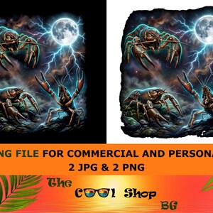 May include: Digital artwork of three crayfish beneath a full moon and lightning. The image has a dark colour scheme with the text "CUTTING FILE FOR COMMERCIAL AND PERSONAL USE" and "The COOL Shop BG".